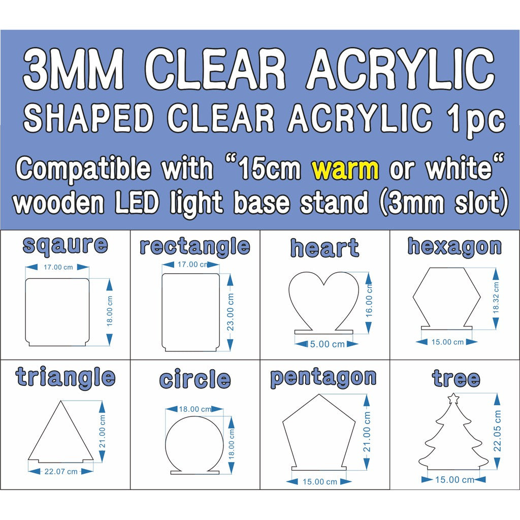 Shaped Acrylic Plate ( for Wooden LED Light Base Stand ) / Clear Transparent Writing Night Lamp Gift