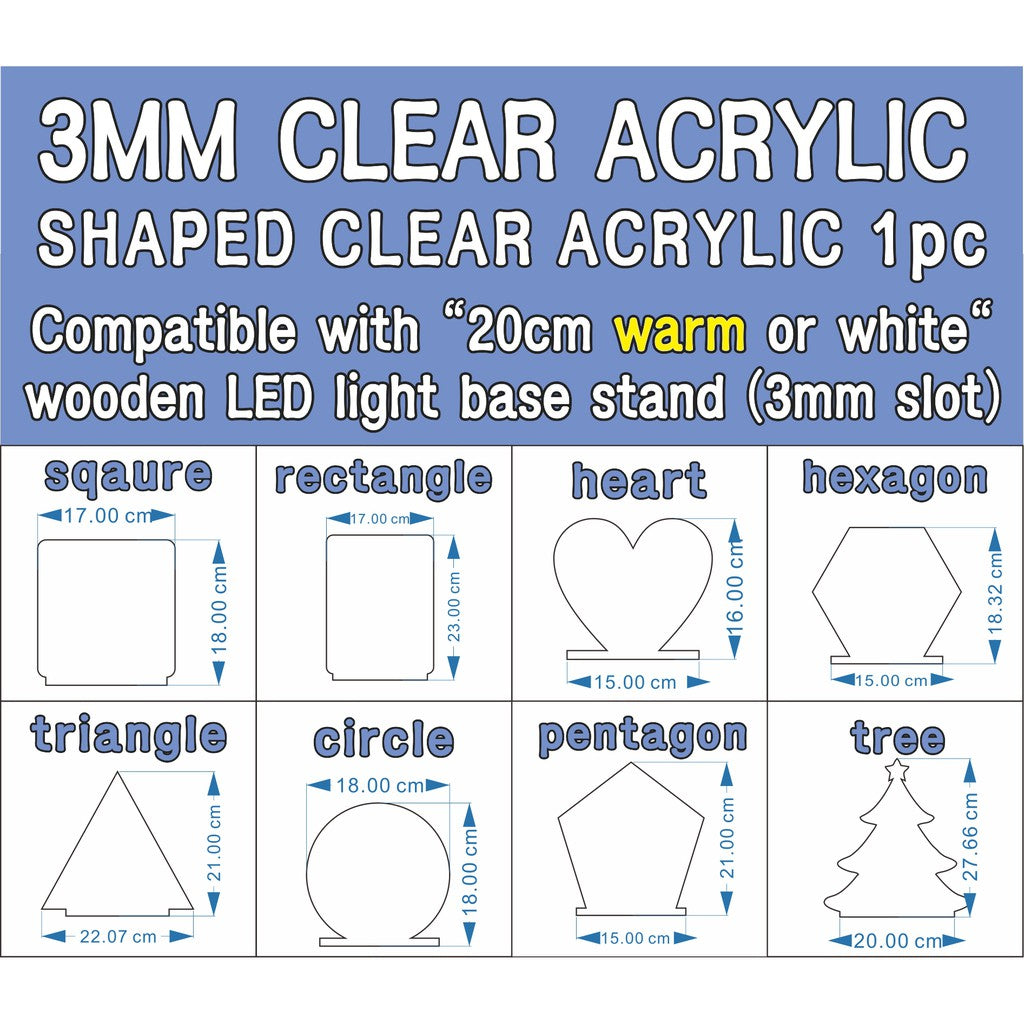 Shaped Acrylic Plate ( for Wooden LED Light Base Stand ) / Clear Transparent Writing Night Lamp Gift
