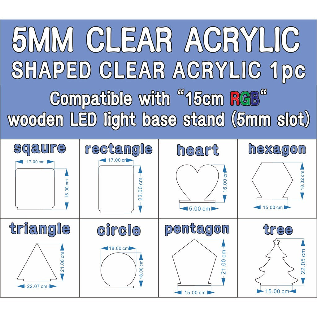 Shaped Acrylic Plate ( for Wooden LED Light Base Stand ) / Clear Transparent Writing Night Lamp Gift