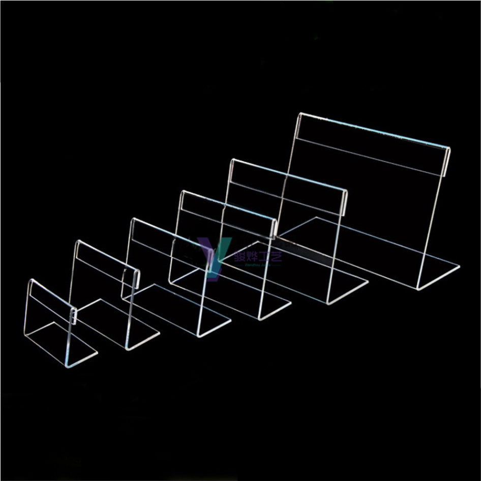 2mm Thick Durable L-shaped Acrylic Sign Holder / Clear Plastic Table Top Name Card Price Tag Stand