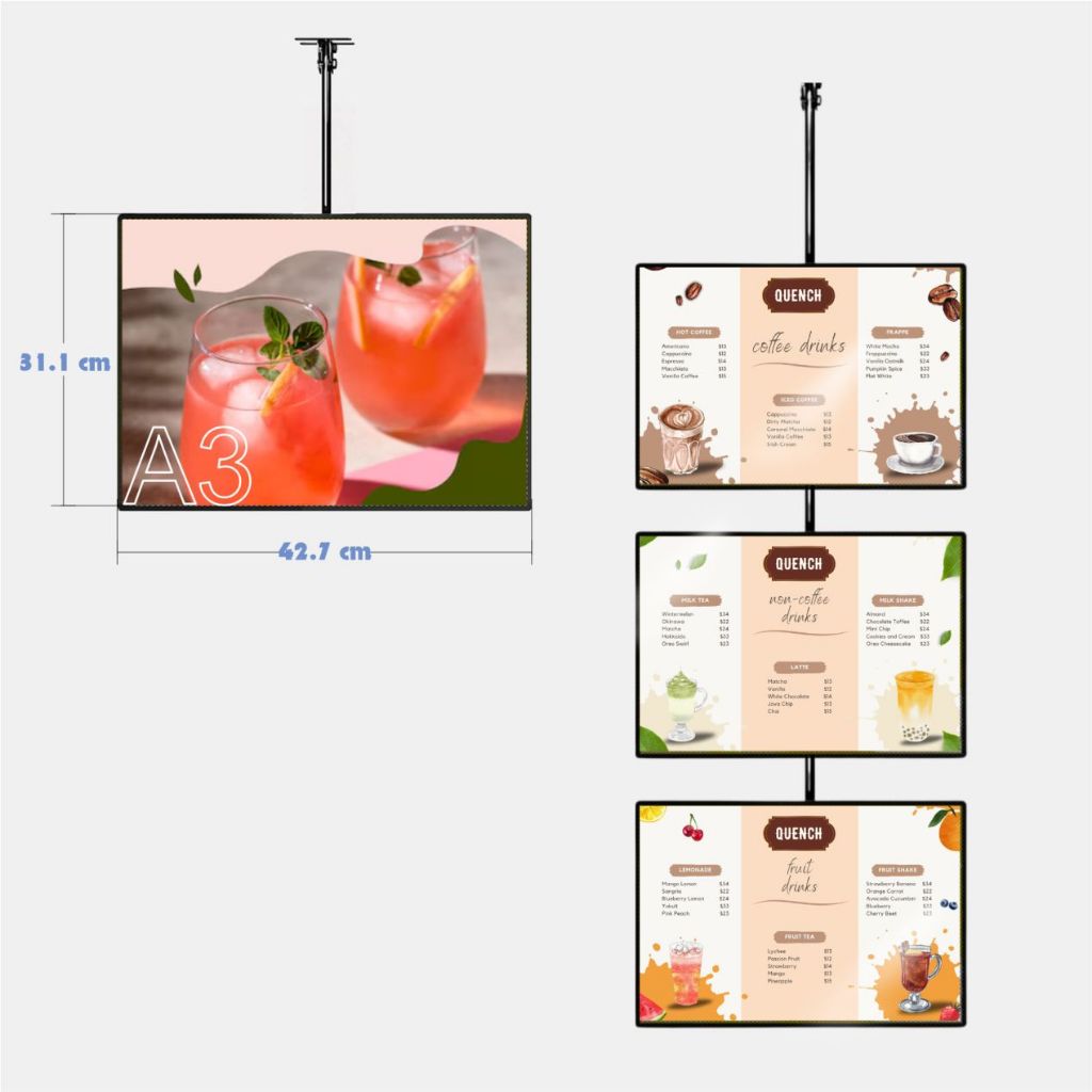 3 Layer Hanging LED Display Light Box A4 A3 / Sign Menu Mall Restaurant Shop Store Cafe Real Estate