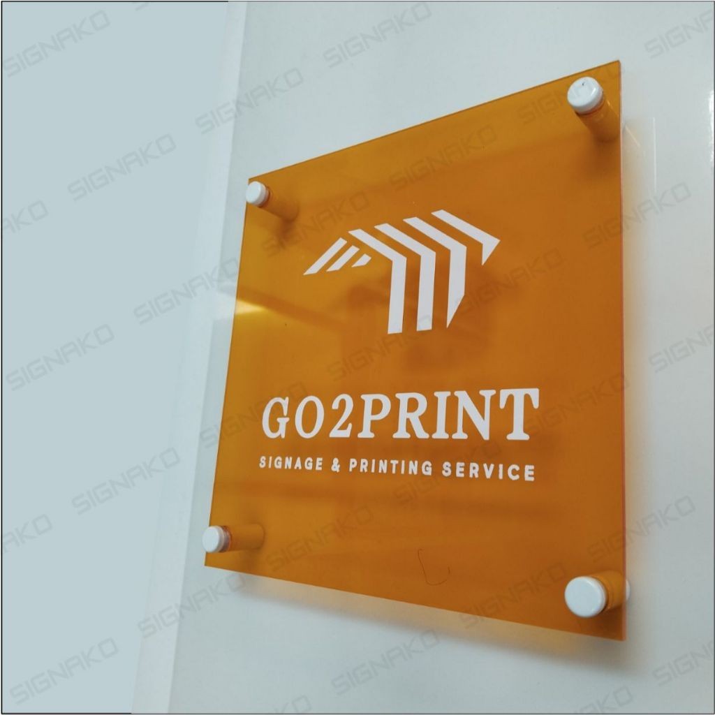 Office Signage #1) Transparent Orange Acrylic w/ UV Direct Print & Bolt / Company Name Plate Sign