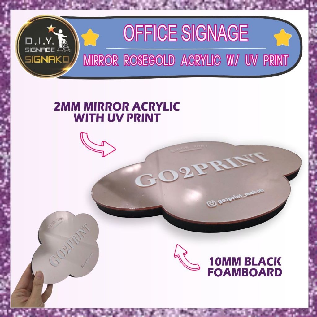 Office Signage #4) Mirror Rose gold Acrylic w/ UV Direct Print & Foam board/Company Room Logo Signage