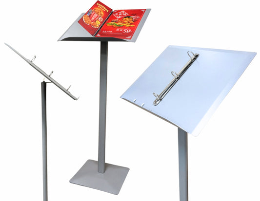 Durable T Shaped Steel Menu Display Stand Floor Standing A4 Page Flip Standee