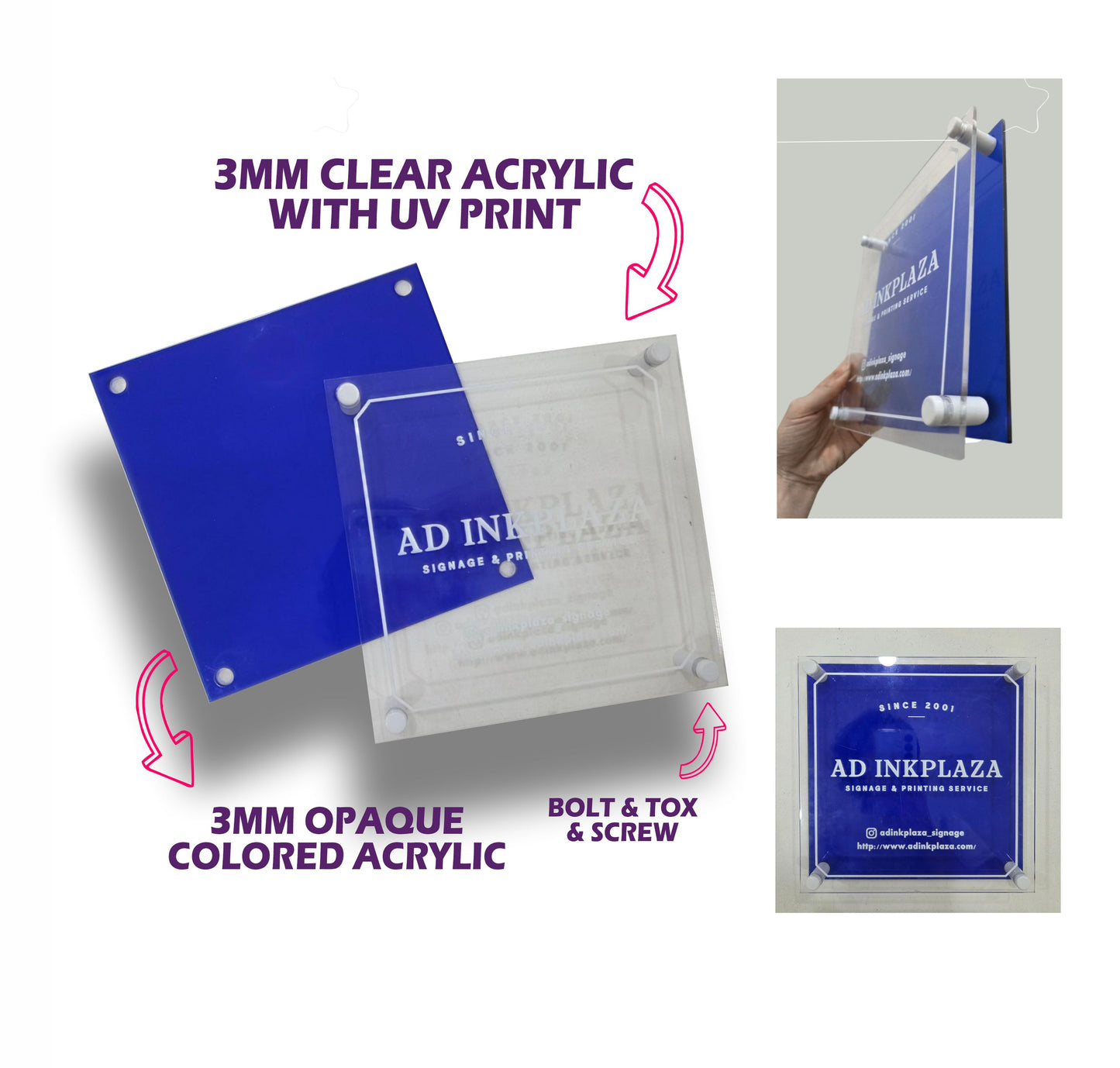 Office Signage #2) Double-Layer Acrylic w/ UV Direct Print & Bolt / Store Shop Door Sign Name Plate