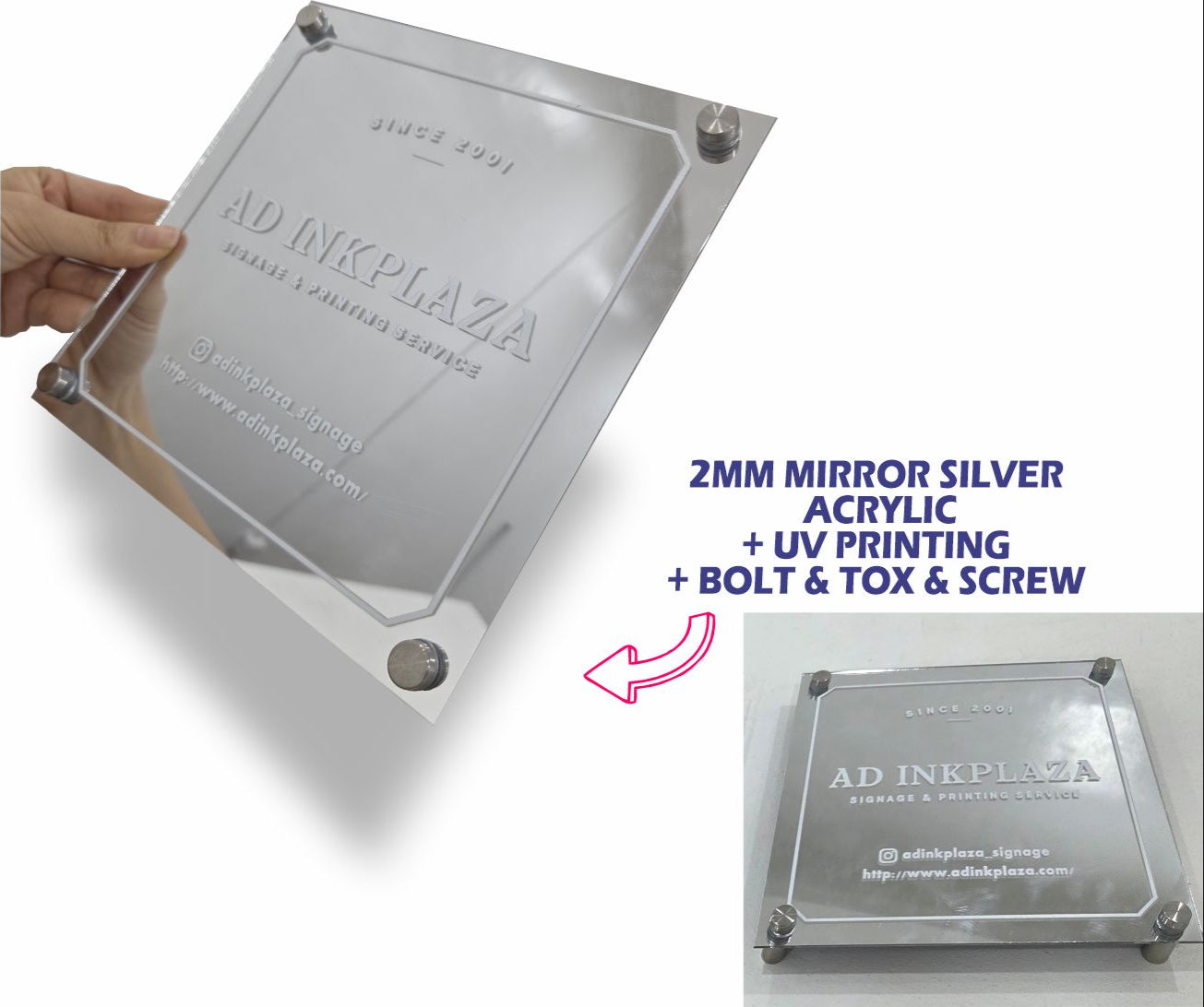 Office Signage #3) Mirror Silver Acrylic w/ UV Direct Print & Bolt / Signage for Business Room Door