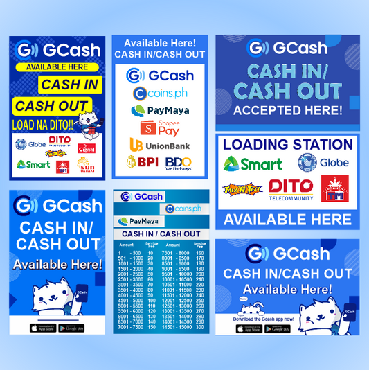 Gcash Banner Tarpaulin Paymaya Shopee Pay Cash-in Cash-out Smart Globe Rates Load Bills Payment Tarp