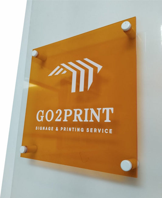 Office Signage #1) Transparent Orange Acrylic w/ UV Direct Print & Bolt / Company Name Plate Sign