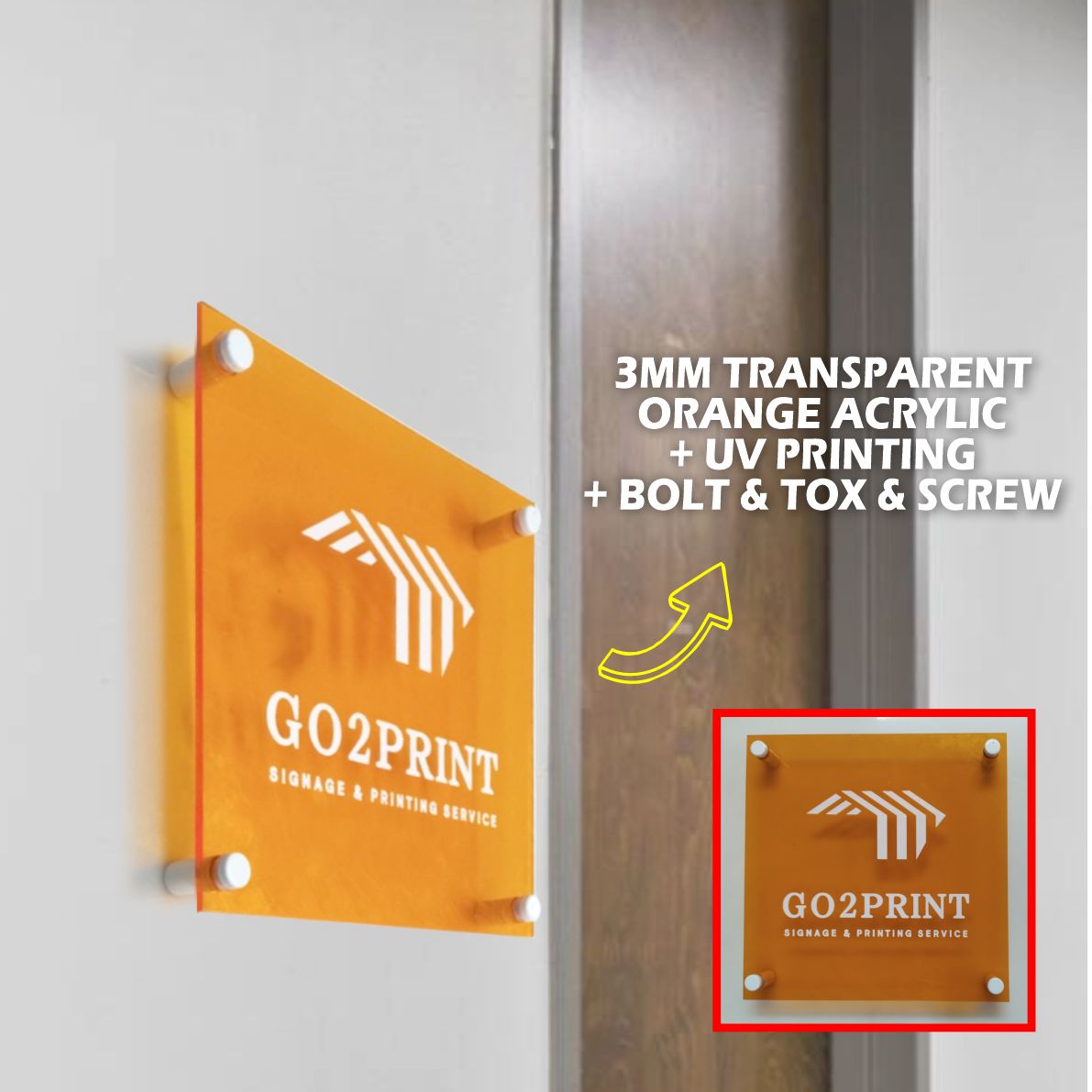 Office Signage #1) Transparent Orange Acrylic w/ UV Direct Print & Bolt / Company Name Plate Sign