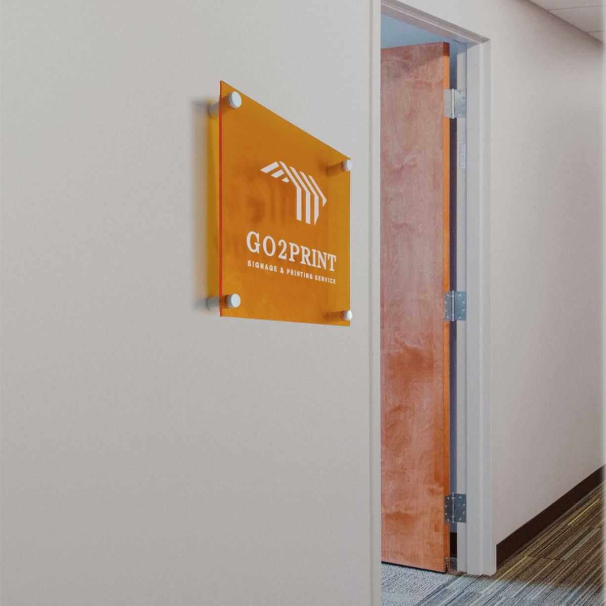 Office Signage #1) Transparent Orange Acrylic w/ UV Direct Print & Bolt / Company Name Plate Sign