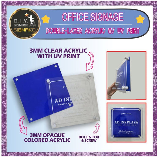 Office Signage #2) Double-Layer Acrylic w/ UV Direct Print & Bolt / Store Shop Door Sign Name Plate